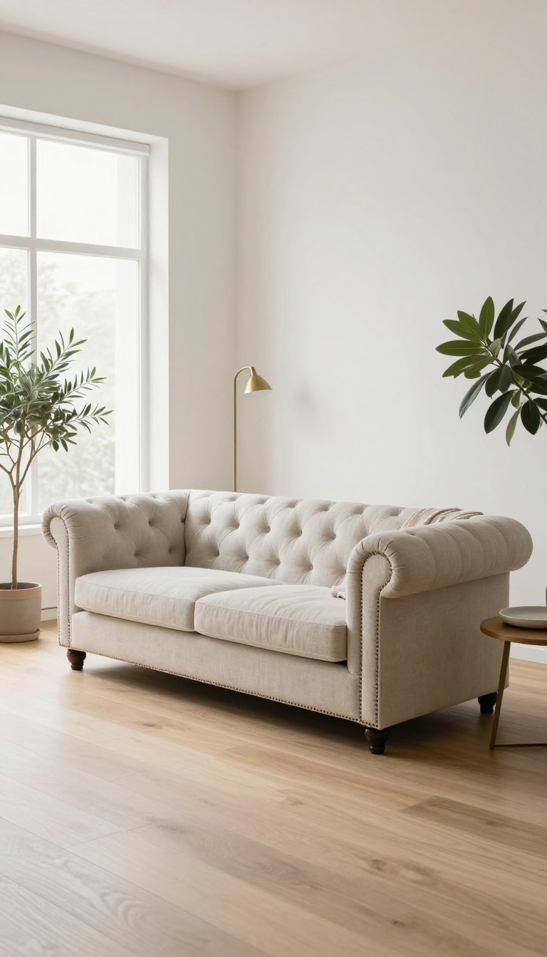 Chesterfield sofa in a bright minimalist living room with plain warm white walls, open floor space, a floor lamp, a side table, and one large plant