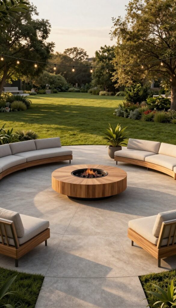 A circular paver patio with a fire pit in the center, surrounded by lounge chairs and greenery, exemplifying a focal point design.
