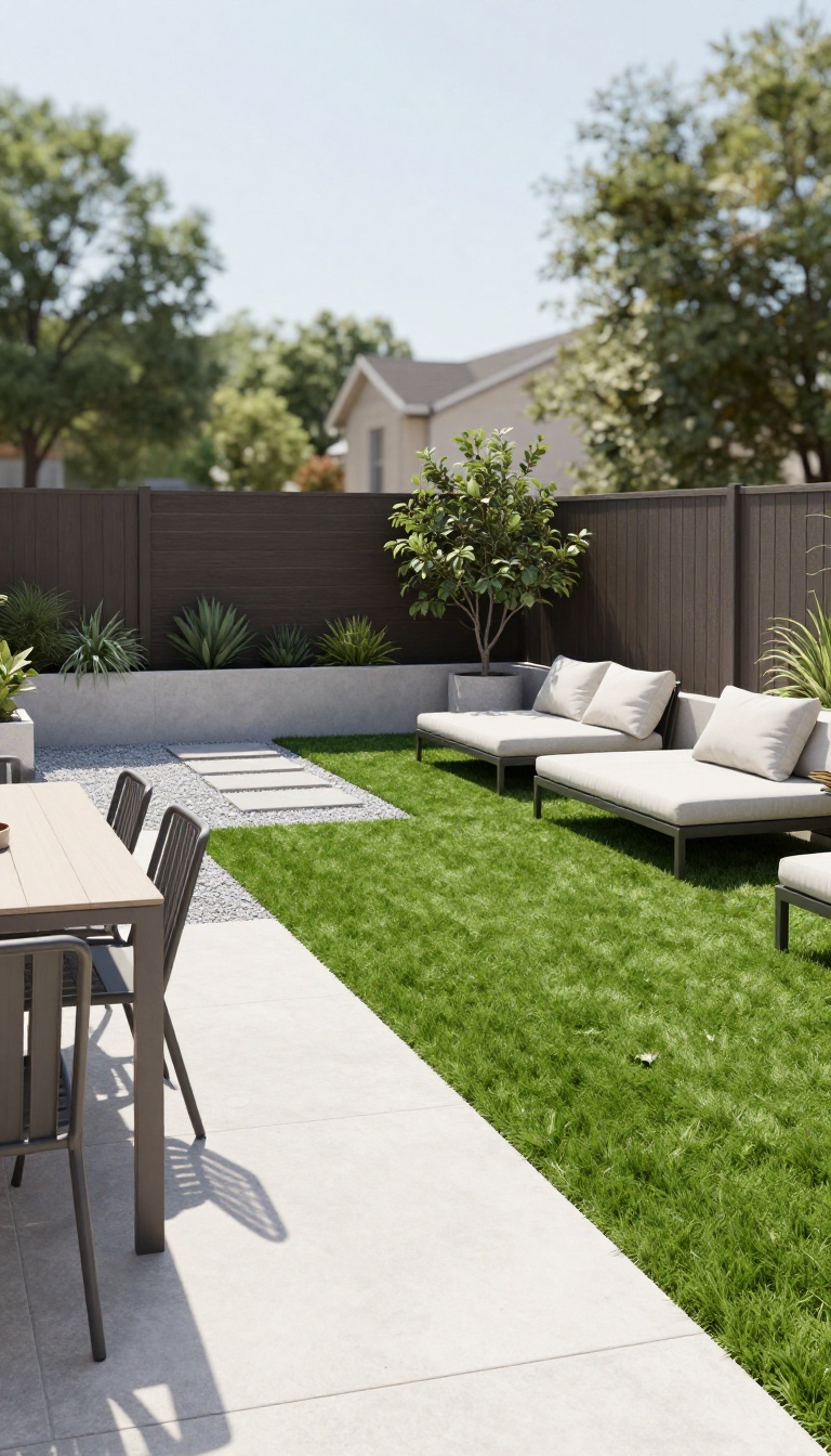 Backyard with artificial turf, pavers, and gravel creating separate dining, lounging, and play zones
