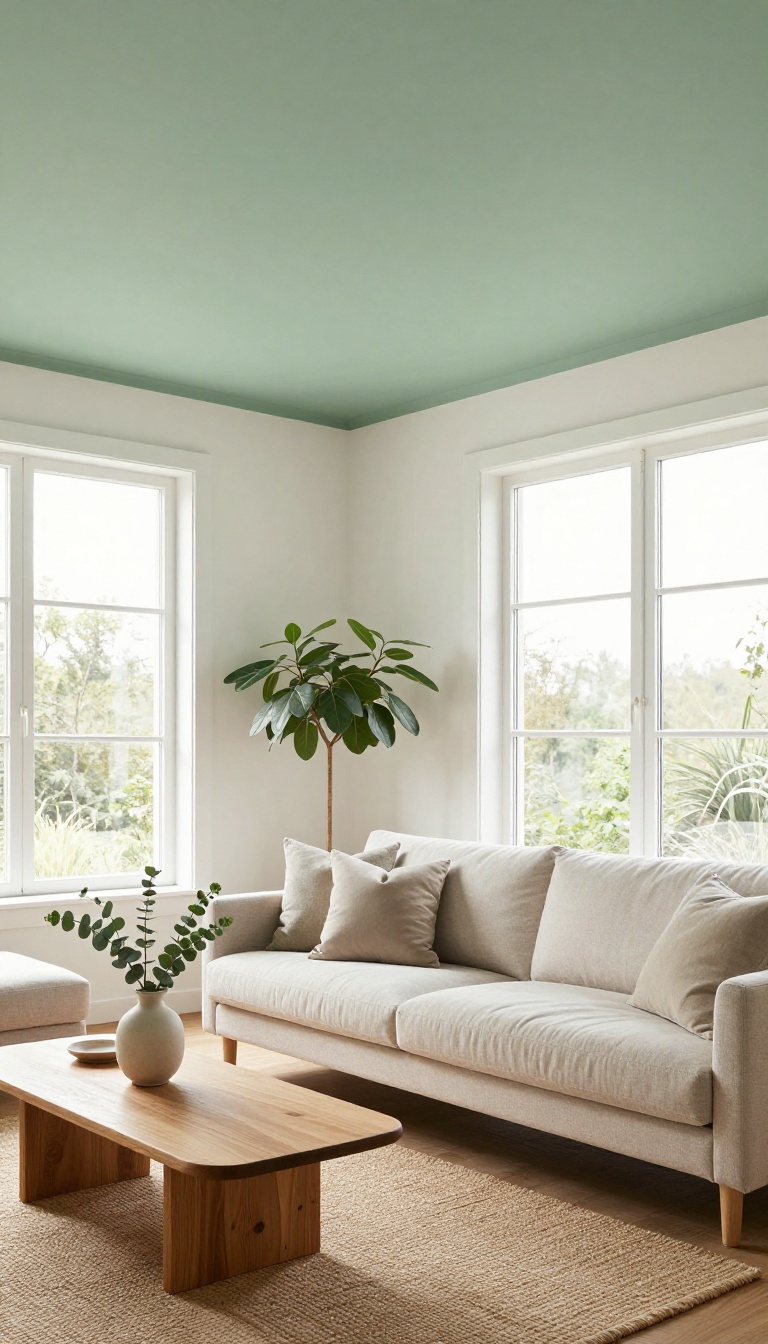 Living room with a soft sage green painted ceiling, neutral sofa, jute rug, and bright natural light
