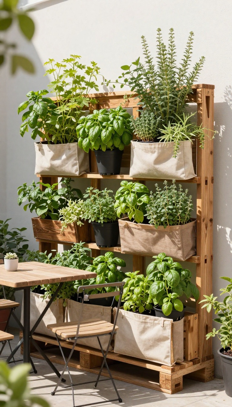 Vertical garden on a small patio with DIY planters and a bistro table