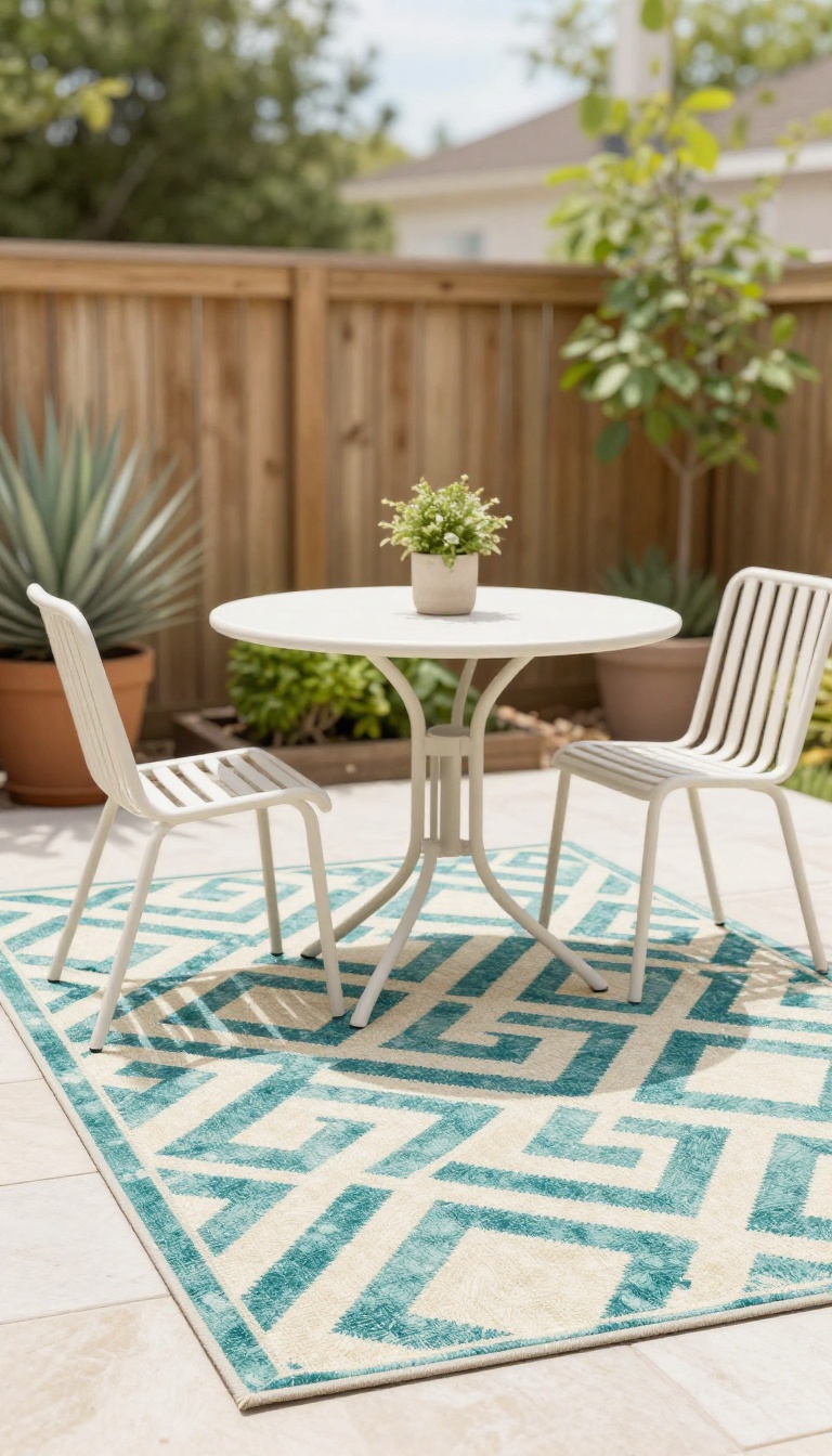 Bold geometric outdoor rug anchoring a small patio seating area in a bright backyard