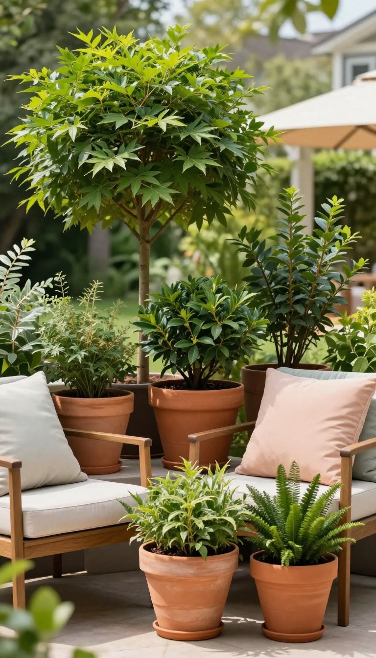 Patio privacy using container trees and large potted plants arranged at different heights to create a natural screen.