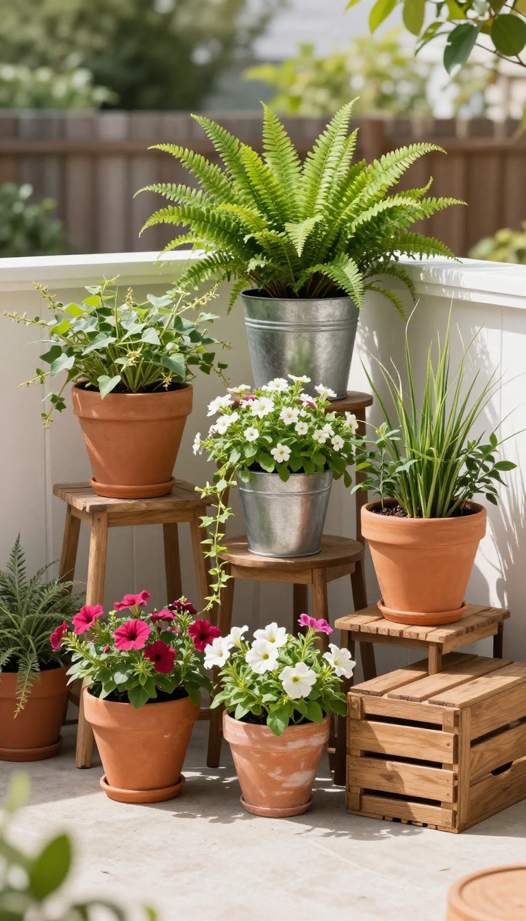 A cluster of potted plants in various containers arranged at different heights on a sunny patio, creating a lush, budget-friendly green space.