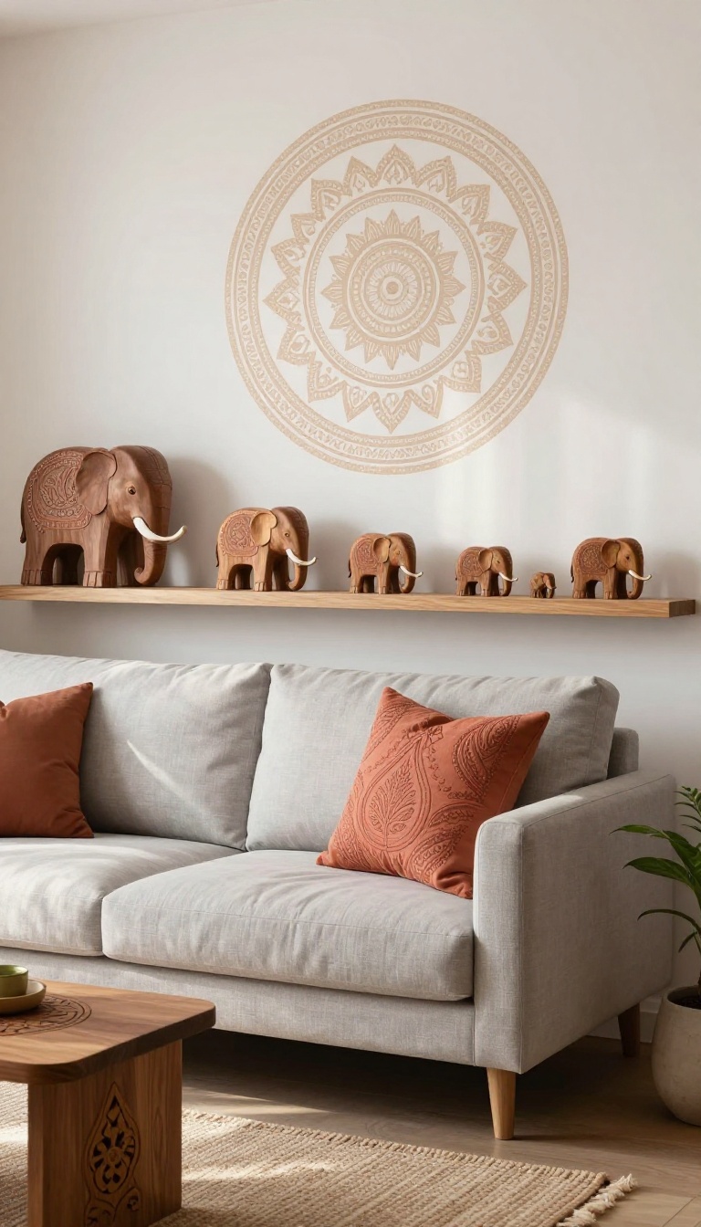 Modern Indian living room with a tone-on-tone mandala wall stencil behind a gray sofa, paisley embroidered cushion, and a row of small carved wooden elephants on a floating shelf