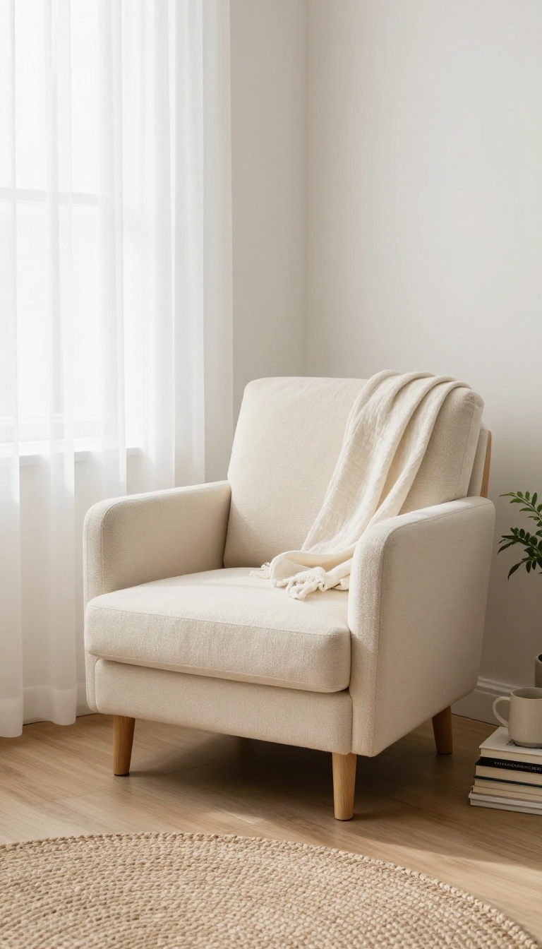 Compact cream slipper chair tucked into a bright bedroom corner by a window with natural light and cozy decor