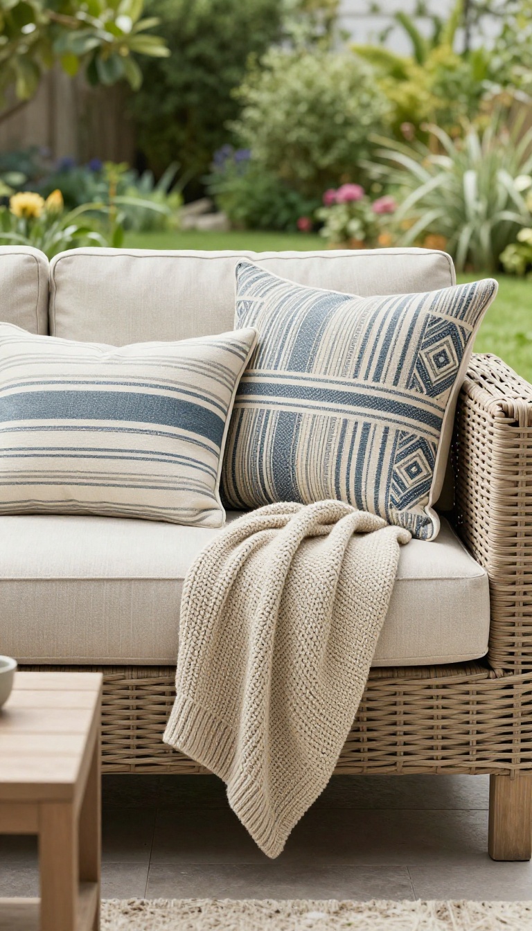 Outdoor patio sofa styled with patterned weatherproof accent pillows and a chunky knit throw in bright natural light