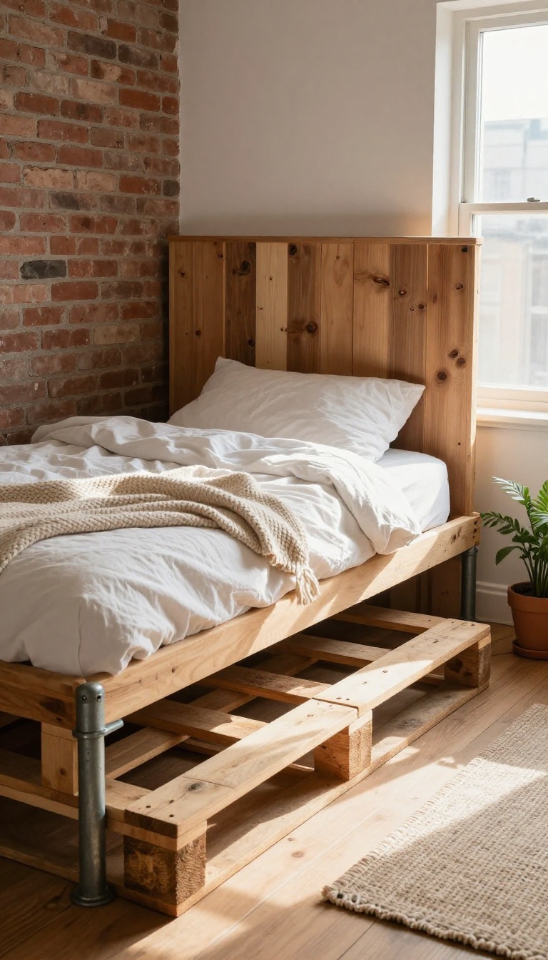 Small loft bedroom with a DIY loft bed made from repurposed pallets and metal pipes in bright natural light