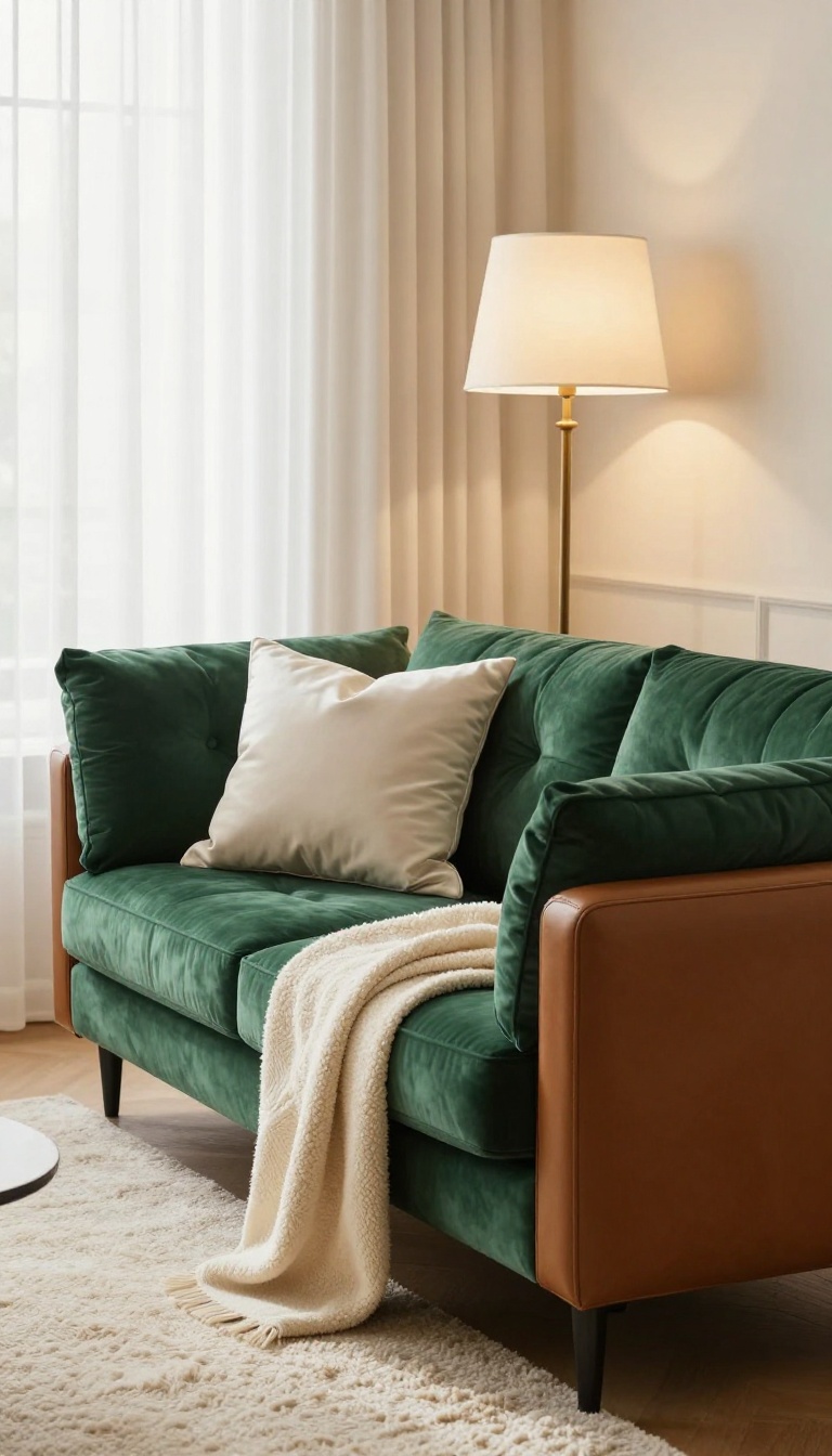 Luxury living room corner with a green velvet sofa, brown leather armchair, chunky wool rug, and layered silk and bouclé pillows in bright natural light