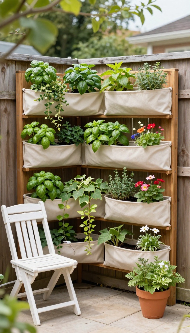 Small backyard patio with a lush living wall of herbs and trailing plants mounted on a wooden fence, bright natural light, cozy outdoor seating