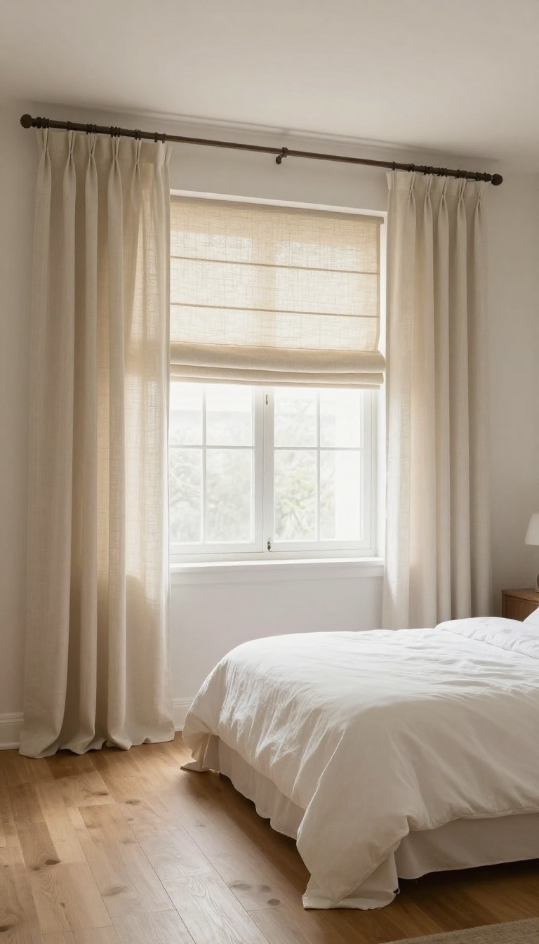Bright bedroom with floor-length cream linen curtains hung high and wide, softly filtering natural light beside a neatly made bed