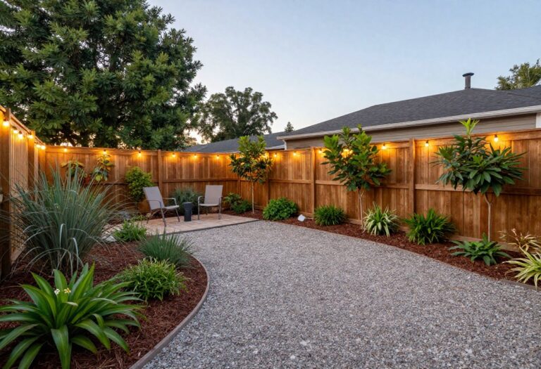 Simple backyard with a gravel path, edged garden beds, small paver patio, string lights, and green plants along a fence at golden hour