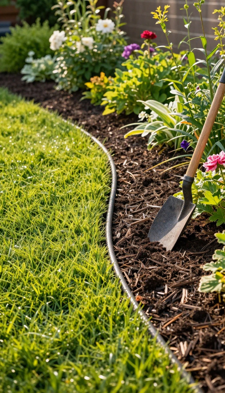 Freshly cut trench edge between a mulched garden bed and green lawn in a sunny backyard