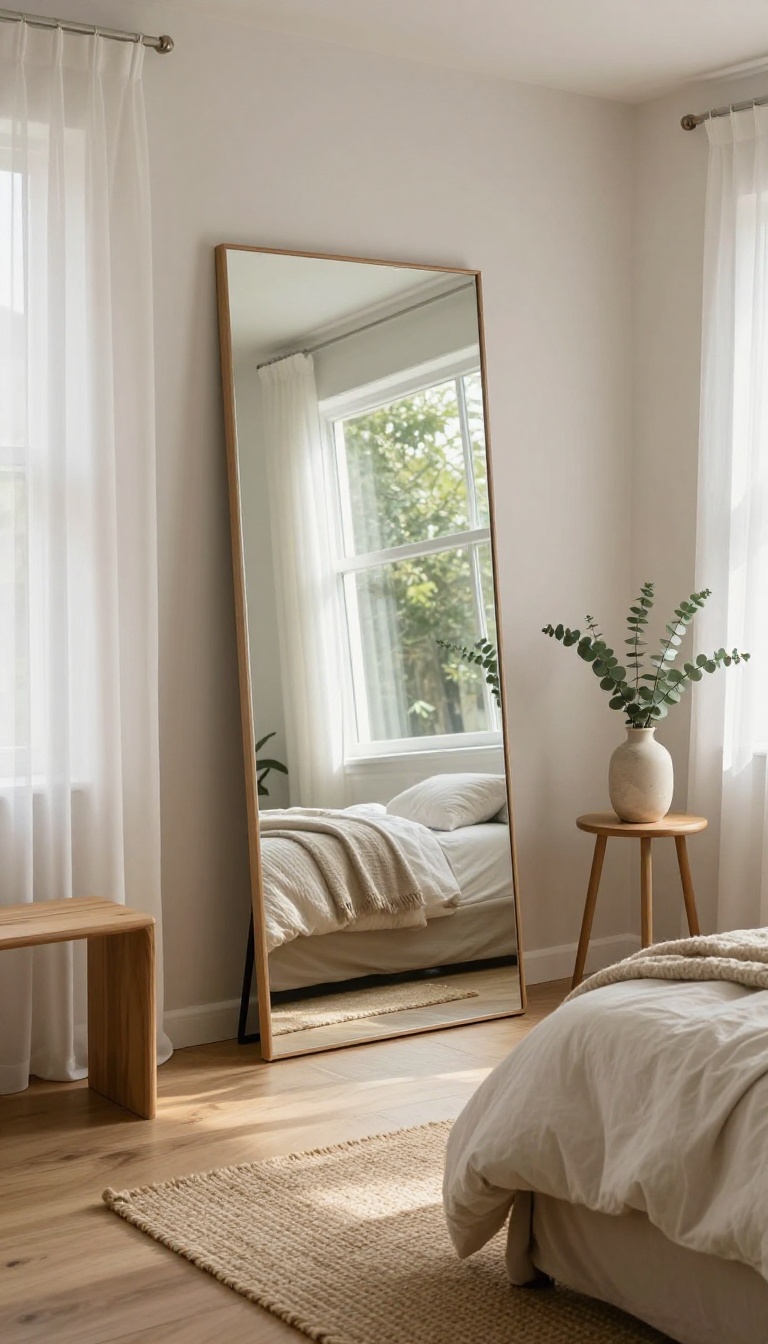 Bright small bedroom with a large leaning mirror opposite a sunlit window reflecting natural light and making the space feel bigger