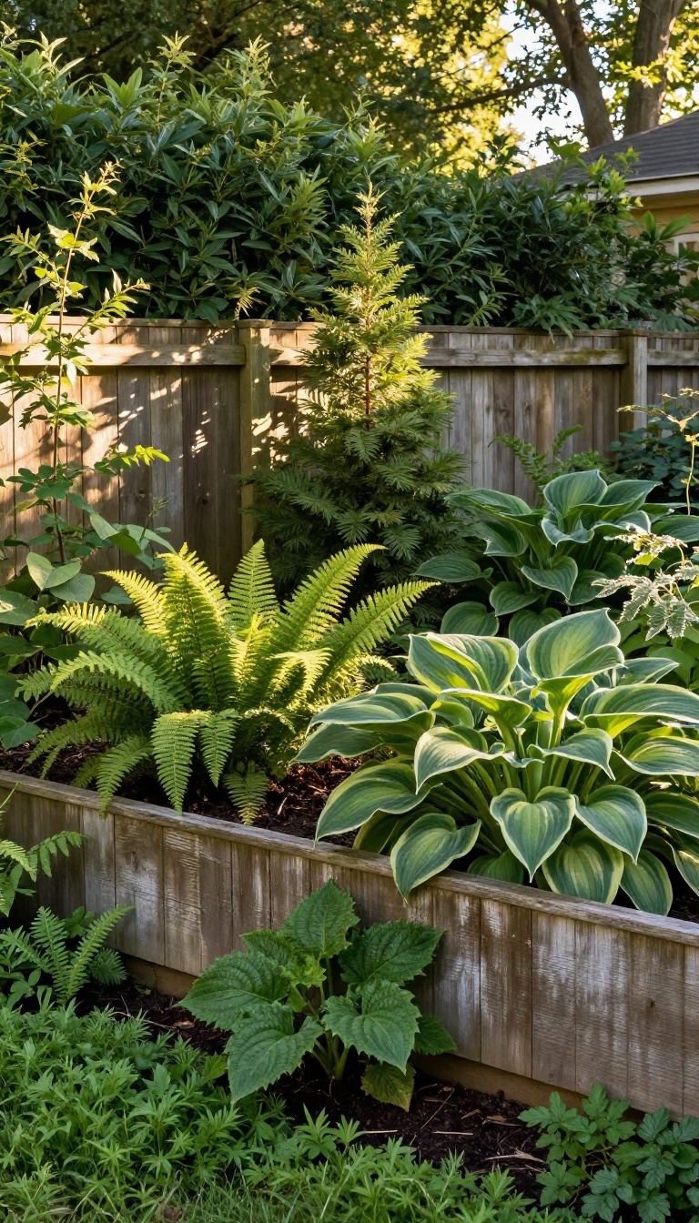 Shade-loving ferns, hostas, and shrubs layered along a wooden backyard fence to soften the boundary