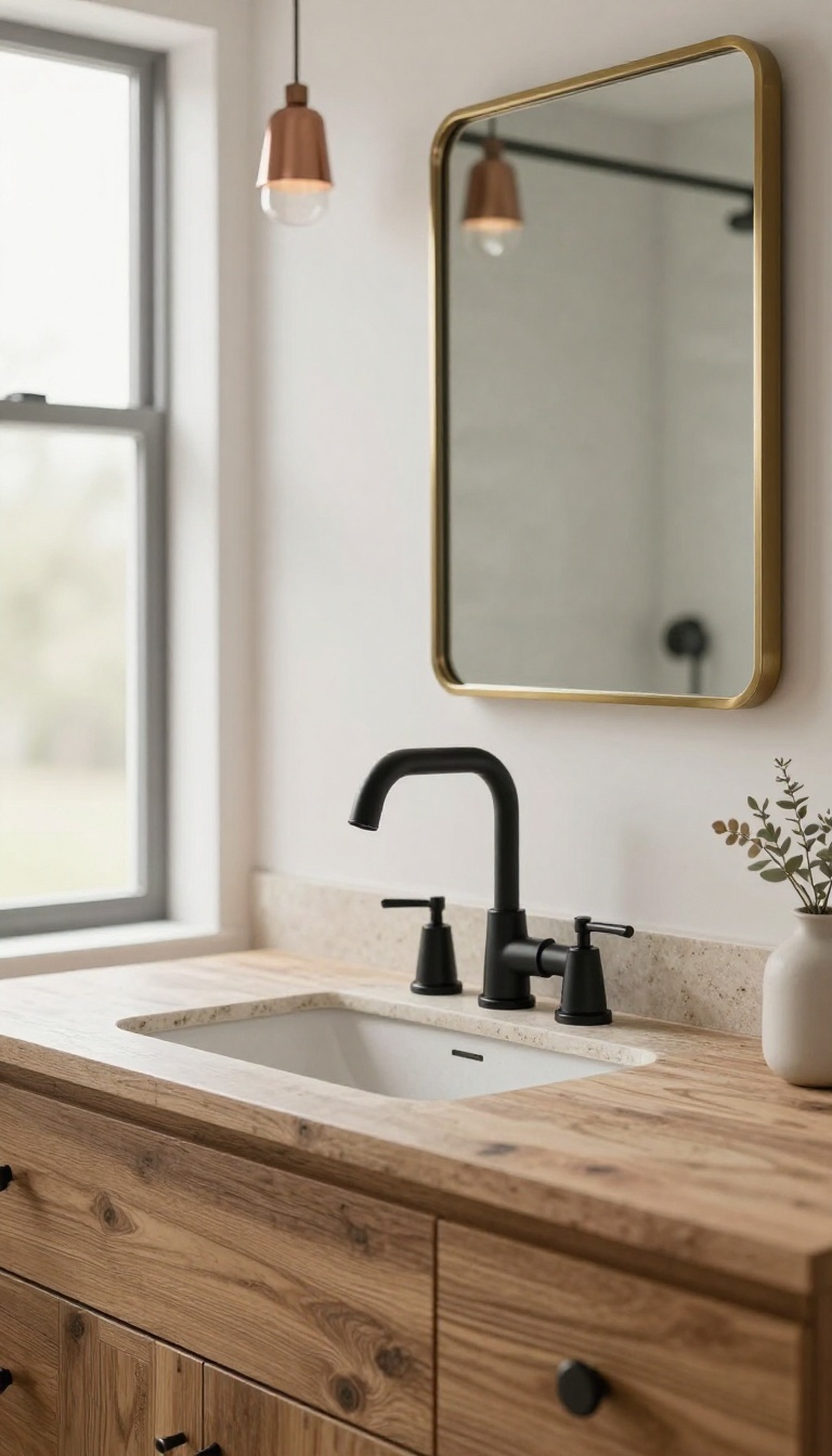 Modern rustic bathroom with matte black faucet, brass mirror frame, and copper pendant light mixing metal finishes