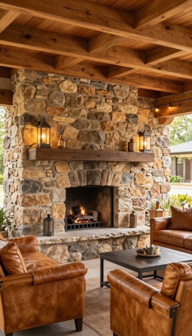 Covered patio with a rustic stone fireplace, wood beams, and cozy earthy furniture