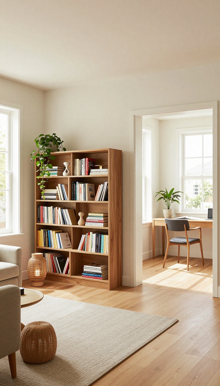 Open wooden bookshelf used as a room divider in a bright living room, separating a reading nook from a small home office corner.