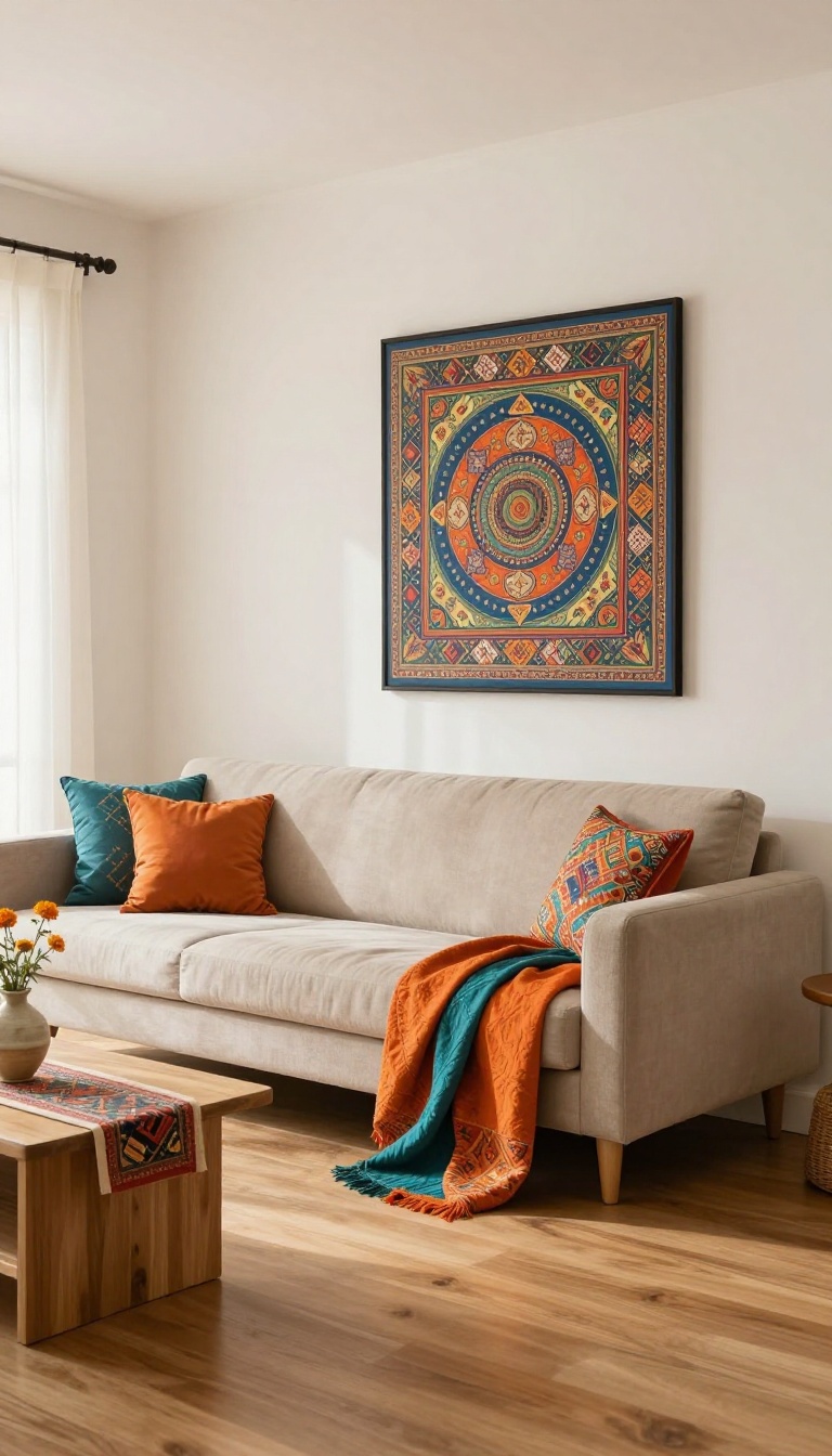 Bright Indian living room with neutral beige sofa and off-white walls accented by bold fuchsia and mustard cushions, a teal throw, and colorful Madhubani wall art