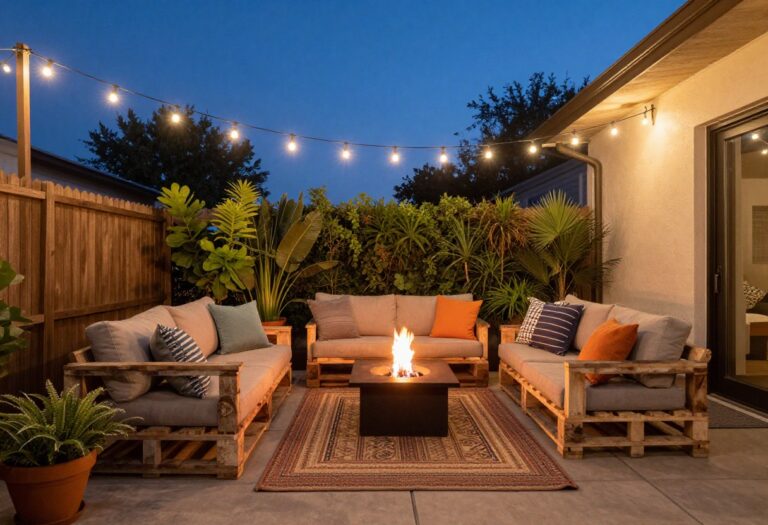Budget-friendly back patio with string lights and pallet furniture