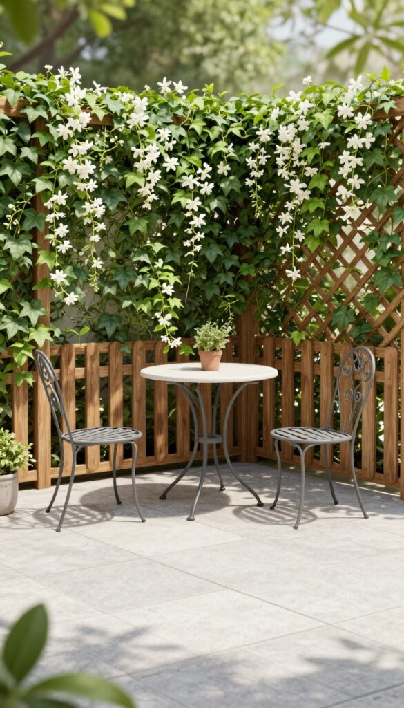 Corner patio with a lattice privacy screen covered in climbing ivy and jasmine, creating a secluded retreat.