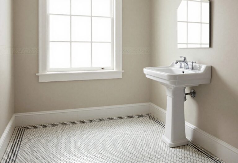 Retro bathroom with white penny tile floor and black hexagon accents