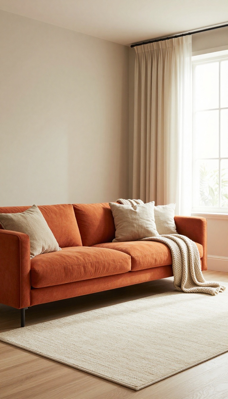 A warm and inviting living room with an orange couch paired with cream, taupe, and beige neutrals, including a wool rug and soft textiles.