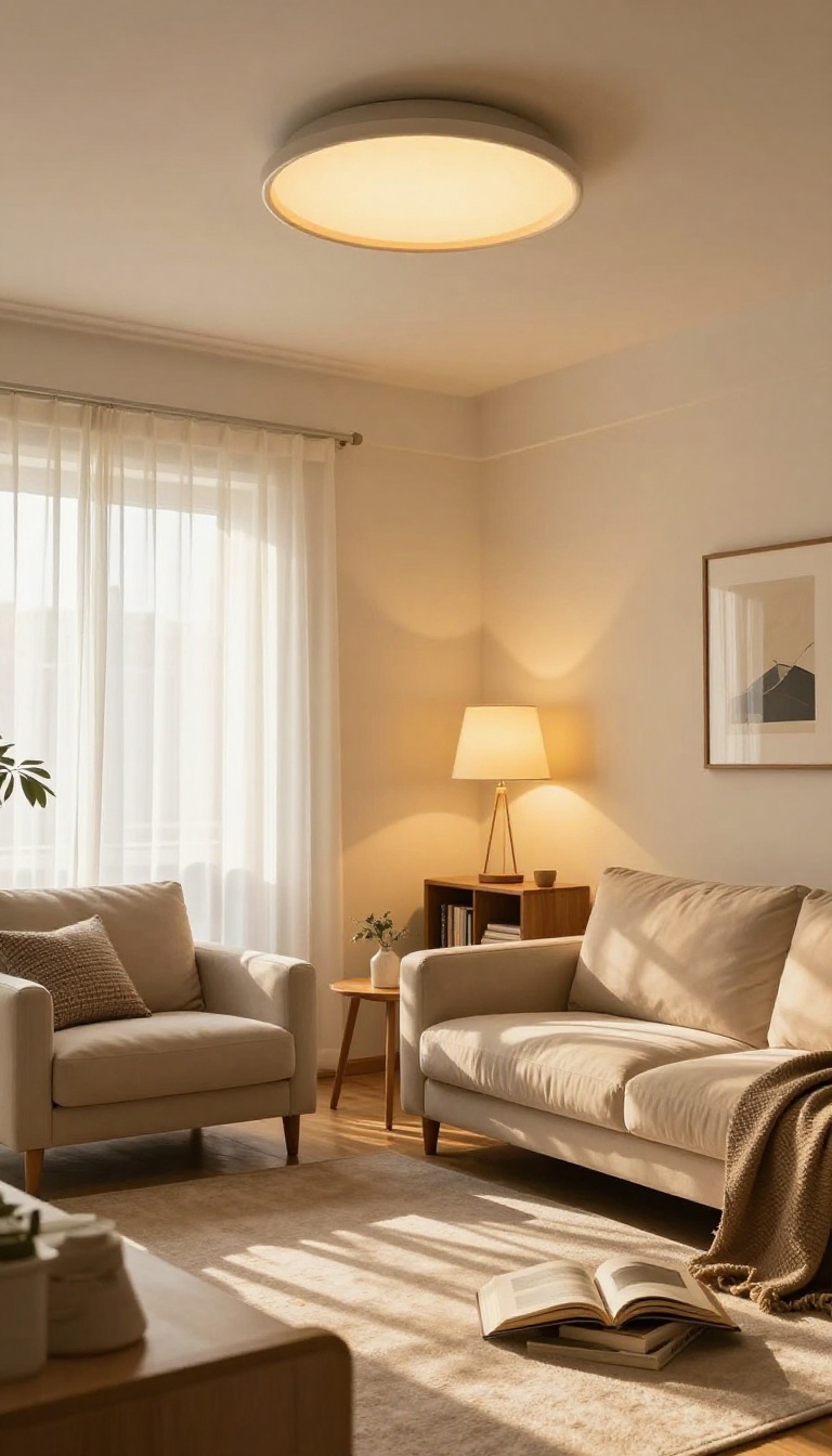 Living room with layered lighting including a ceiling fixture, table lamp, and accent lights creating warm depth