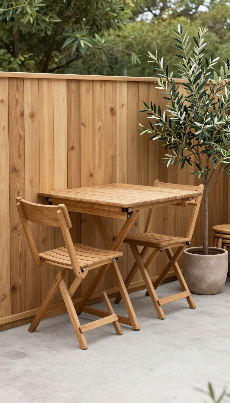 Compact patio with foldable and stackable furniture neatly stored, showing space-saving solutions for small outdoor areas.