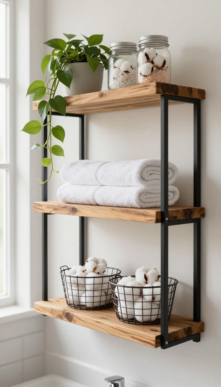 Rustic bathroom with DIY open wood shelving holding towels, mason jars, and a trailing plant in bright natural light