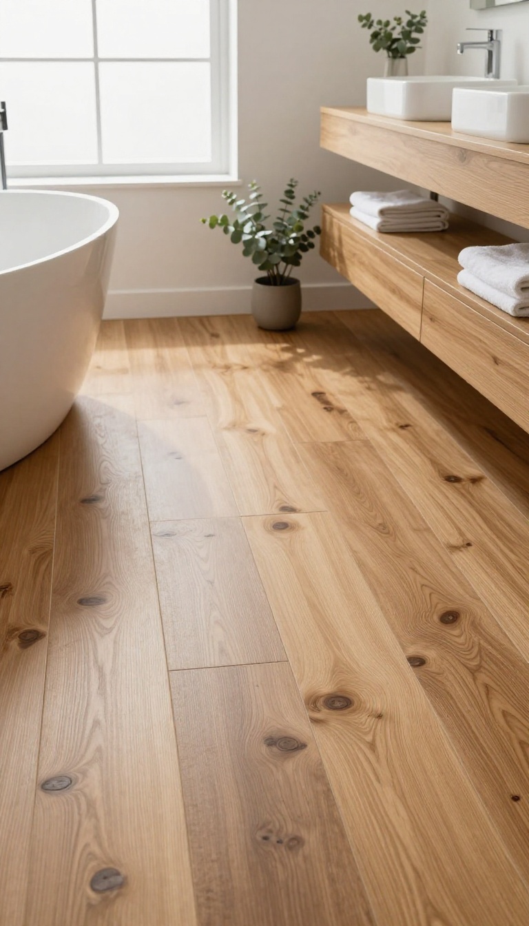 Modern bathroom with warm wood-look porcelain plank flooring in honey brown tones, matte finish, bright natural light, white freestanding tub and light wood vanity