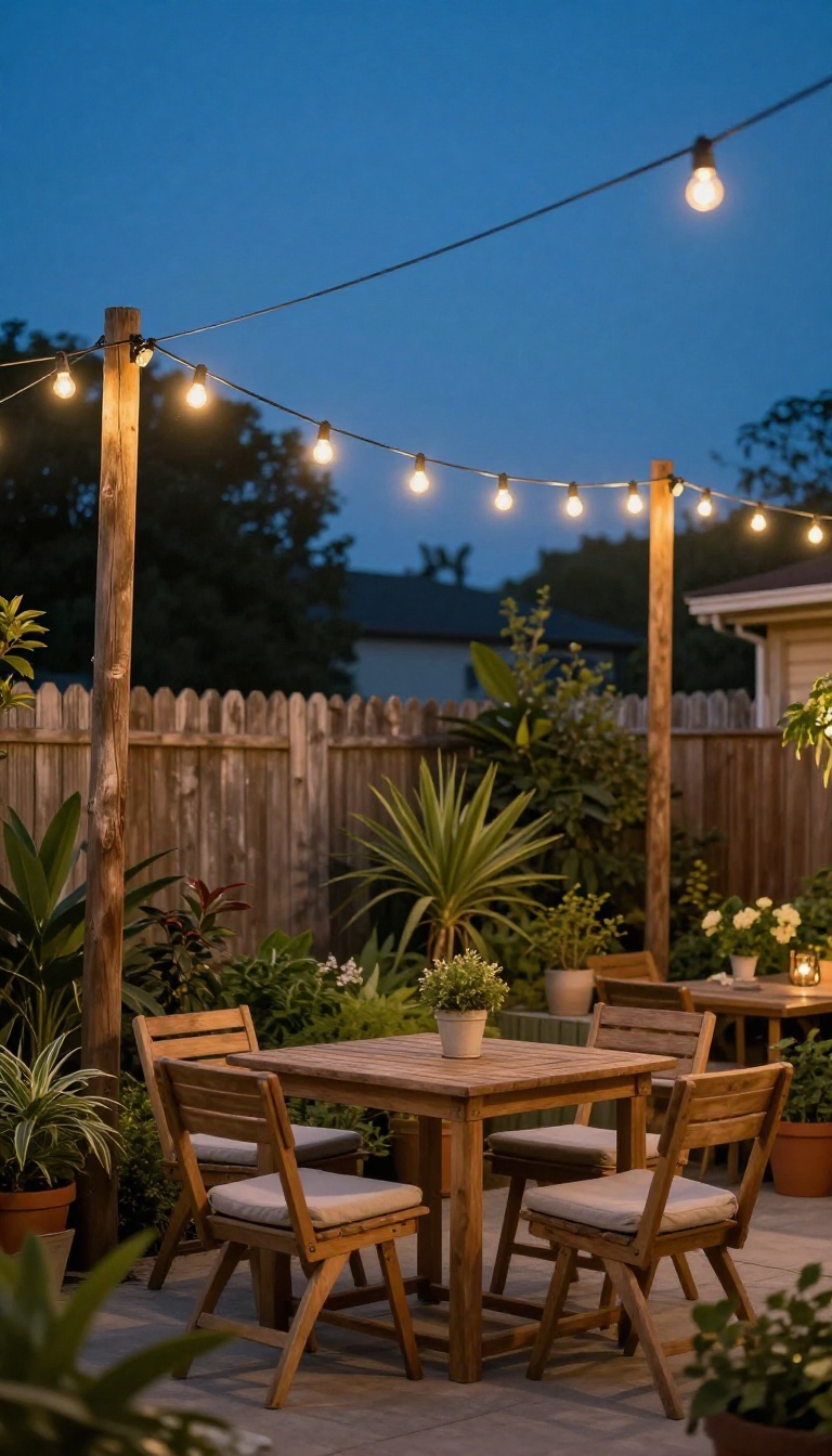 Small backyard patio glowing with warm cafe string lights strung between wooden posts at dusk, creating a cozy outdoor hangout space