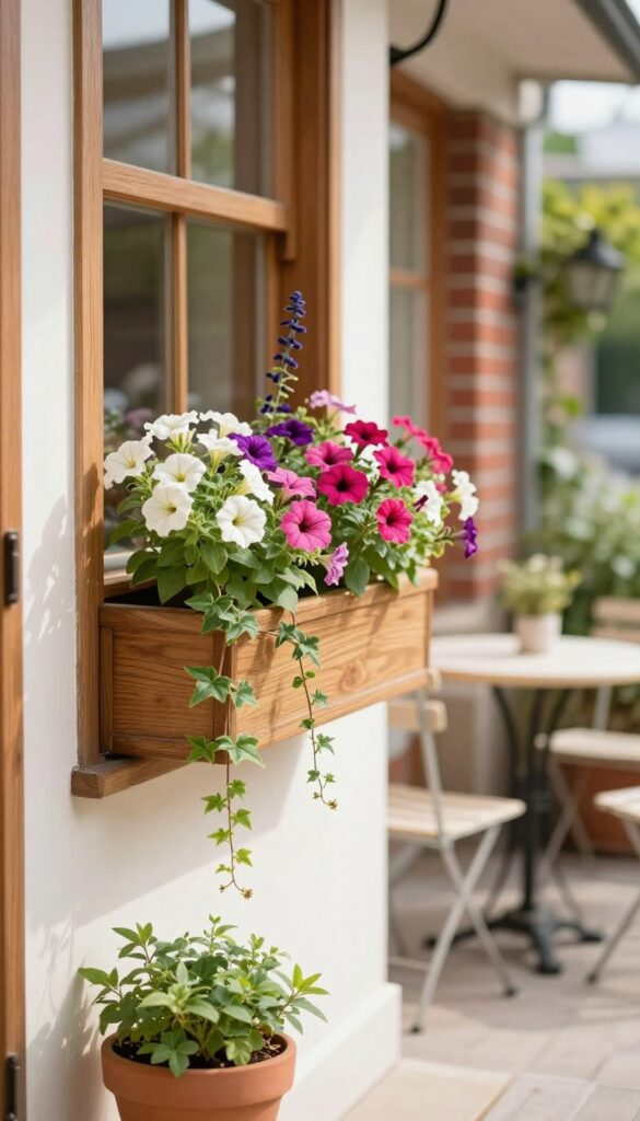 A window box filled with colorful flowers attached to a wall on a small patio, with a bistro table and chairs nearby.