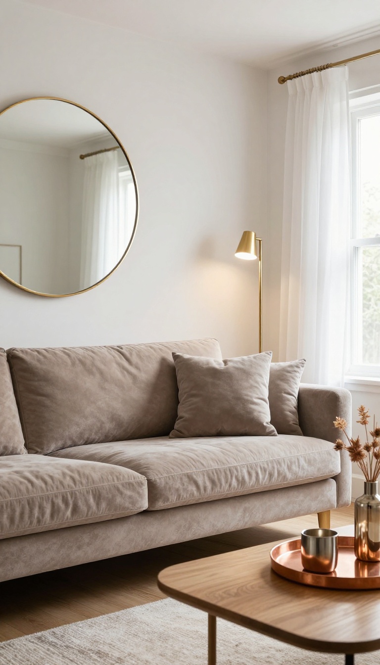 Taupe sofa styled with brass lamp, gold mirror, and copper accents in a bright living room