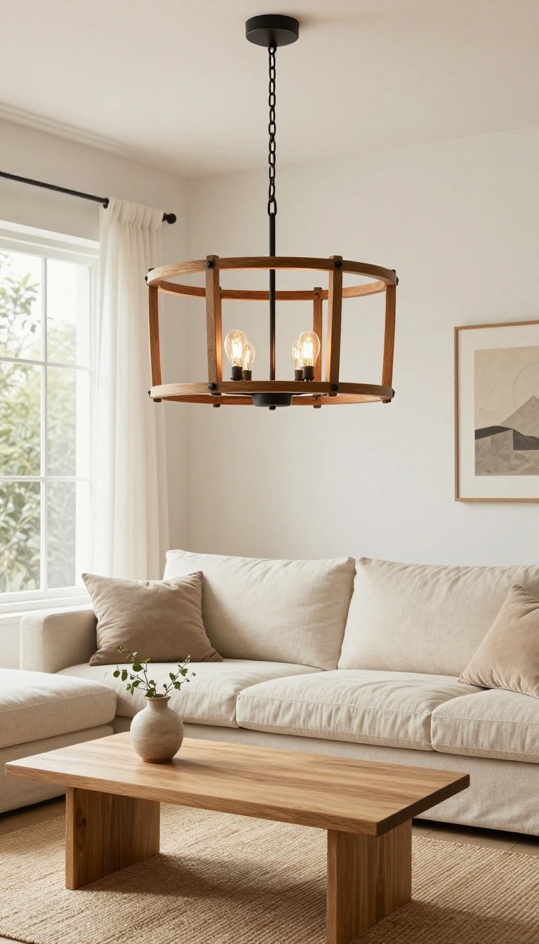 Farmhouse wood and metal chandelier with an open ring frame hanging above a neutral living room seating area in bright natural light