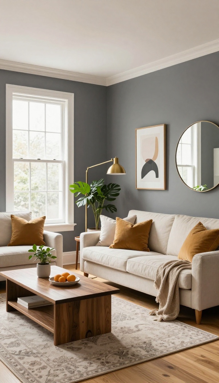 Living room with soft charcoal gray walls, light oak floors, white trim, a cream sofa with mustard and blush pillows, brass accents, plants, and a round mirror reflecting natural light