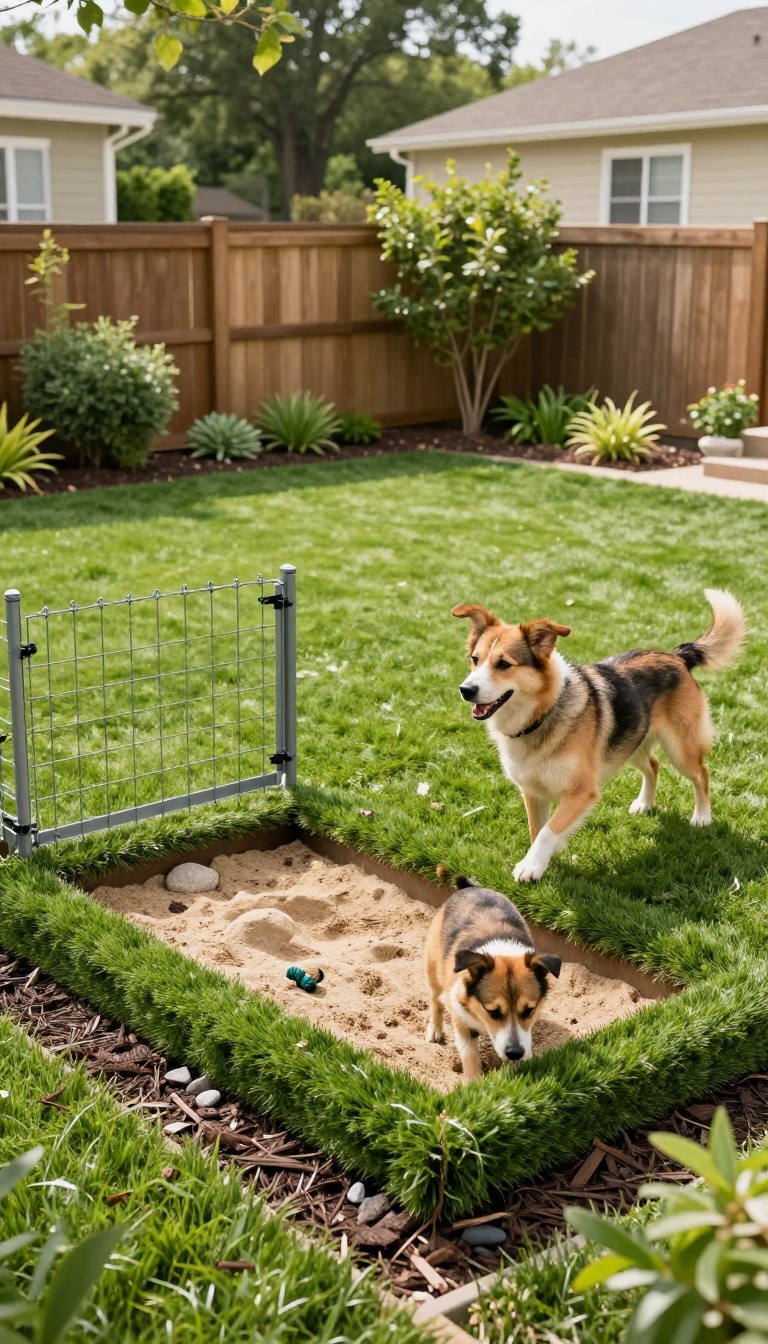 Fenced backyard dog run with artificial turf, mulch, and a designated sand dig pit where dogs play in bright natural light
