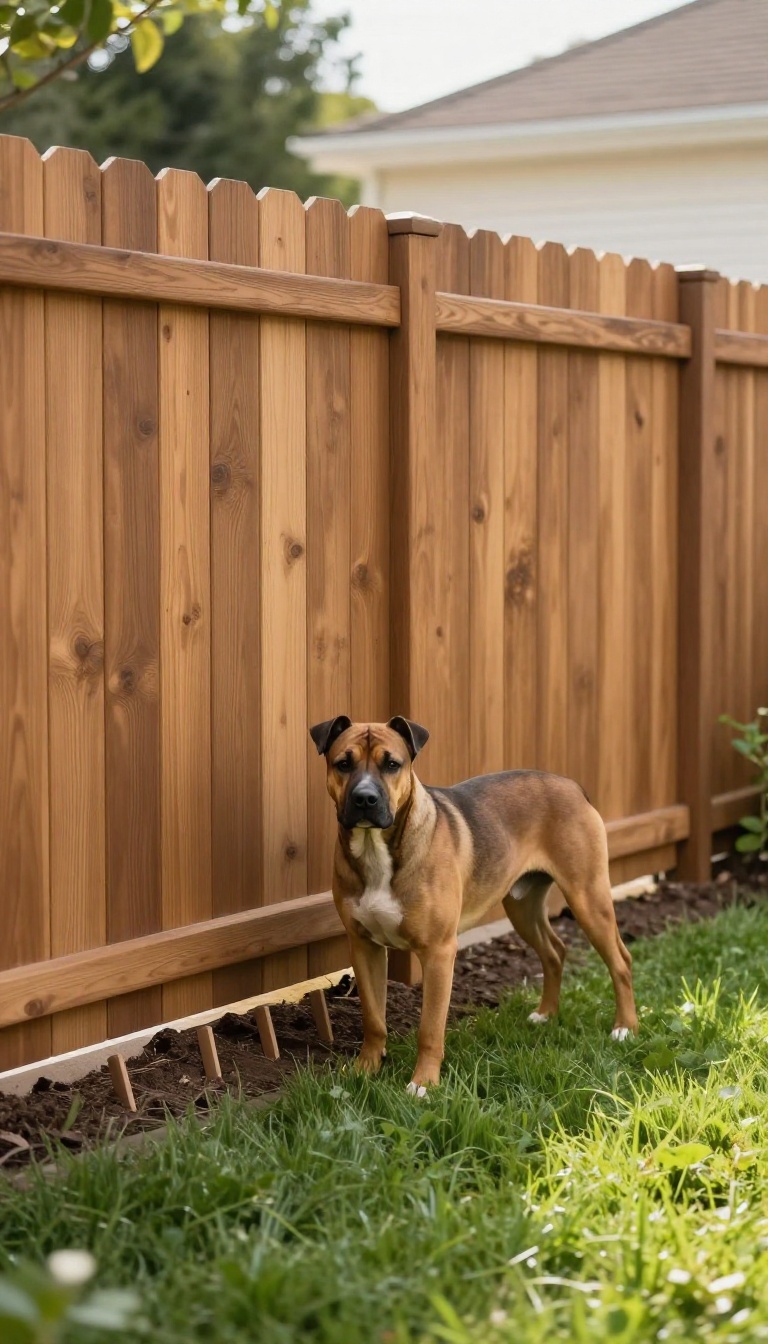 Composite backyard fence with a dig guard along the bottom to keep dogs safely contained
