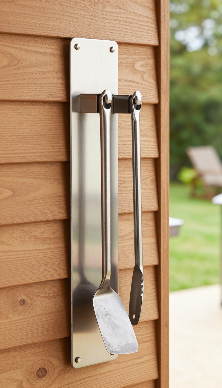 Magnetic tool strip mounted on an outdoor kitchen wall holding grill tools beside a barbecue