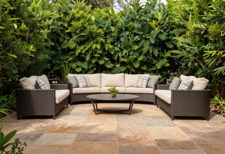 Natural flagstone patio with outdoor furniture and greenery