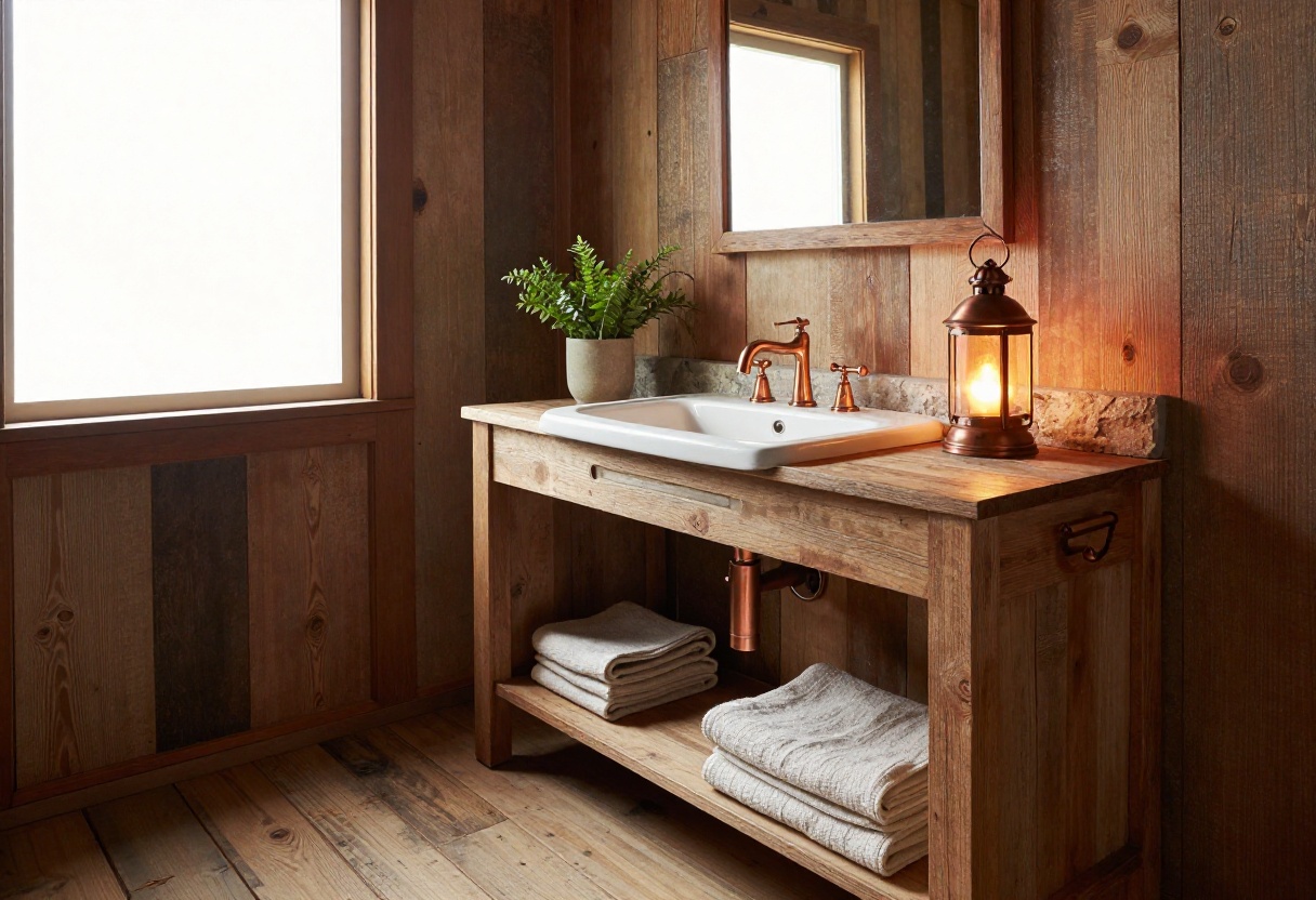 Small rustic bathroom with reclaimed wood walls, vintage vanity, and copper fixtures.