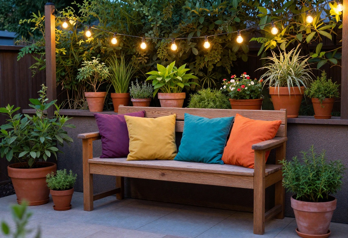 Cozy small backyard with built-in bench seating, cushions, and string lights.