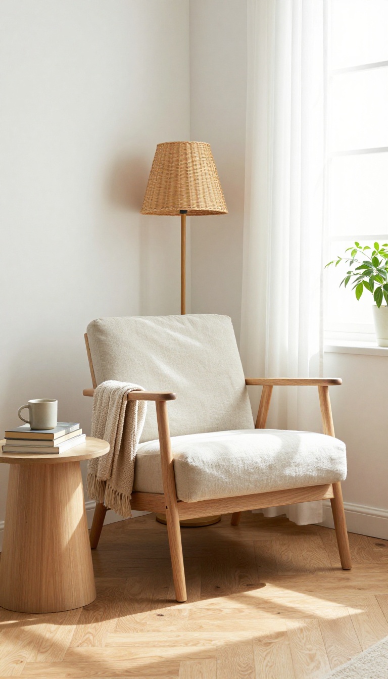 Bright small living room corner with a slim accent chair, side table, and floor lamp creating a cozy reading nook