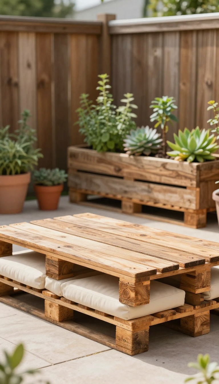 DIY pallet furniture in a sunny backyard with a pallet sectional sofa, coffee table, and vertical pallet garden on a fence