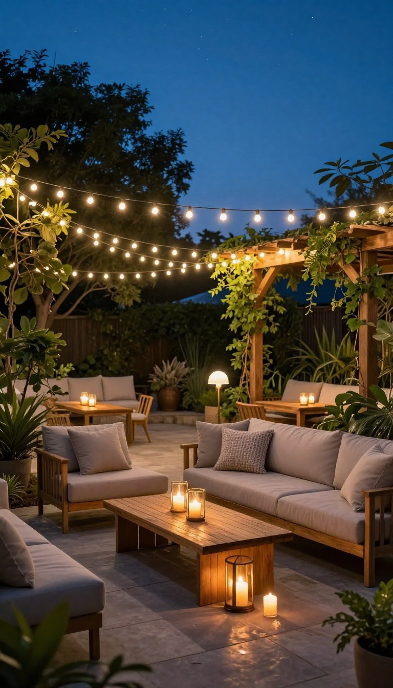 Backyard patio at dusk with warm string lights strung in a canopy over an outdoor seating area with candles and lanterns