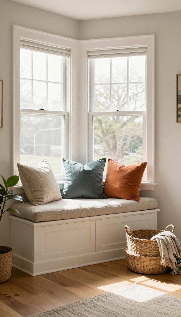 Built-in window seat with hidden storage under a bright living room bay window, styled with cushions and throw pillows