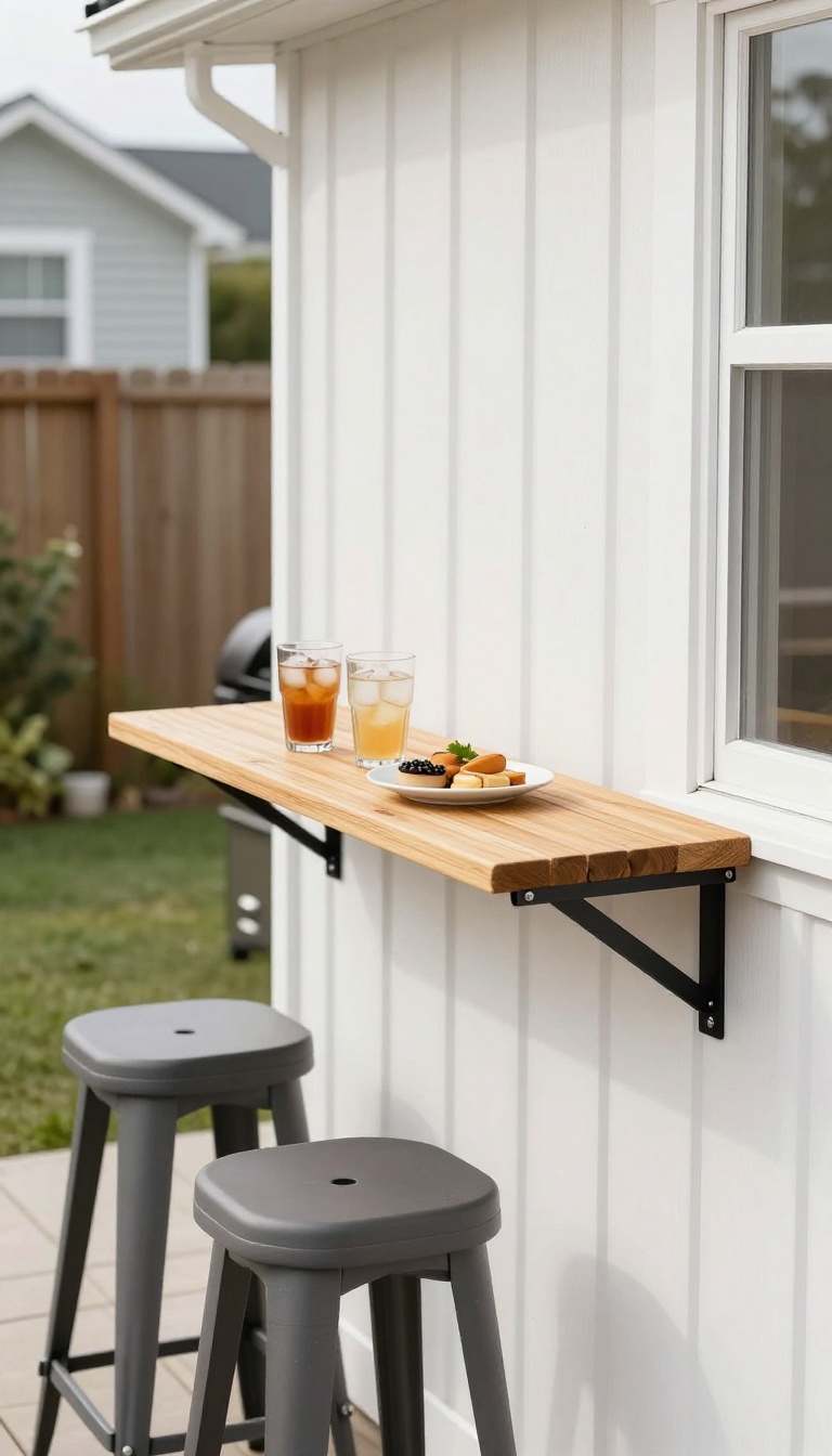 Fold-down bar shelf mounted on a townhome patio wall, flipped up with drinks and snacks, showing a space-saving outdoor entertaining idea