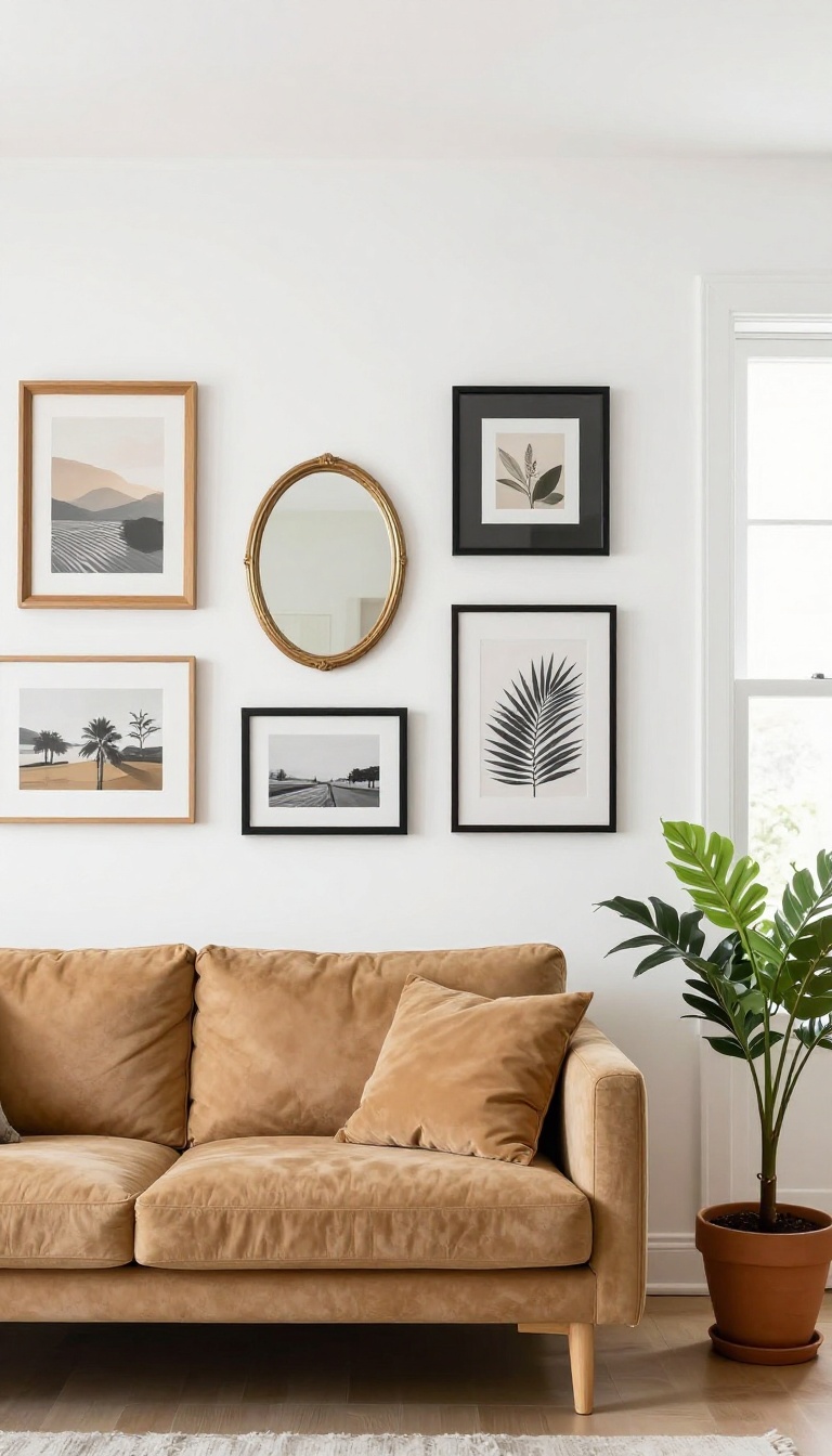 Gallery wall above a tan couch in a bright living room, featuring a mix of frames and a round mirror, with natural light and minimalist decor.
