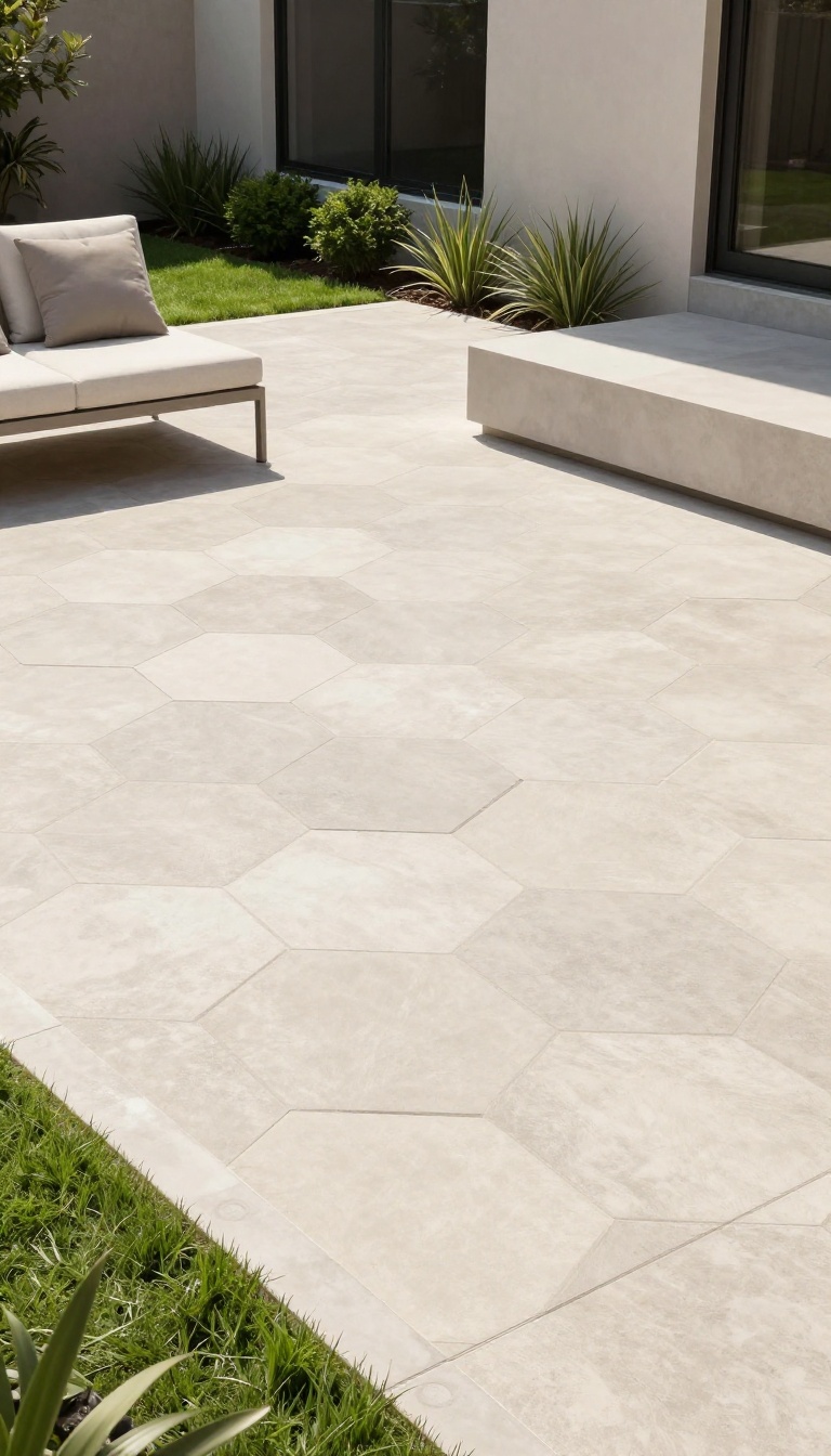 Backyard patio with a bold geometric hexagonal paver design in charcoal and cream with clean border edging and simple low-profile furniture