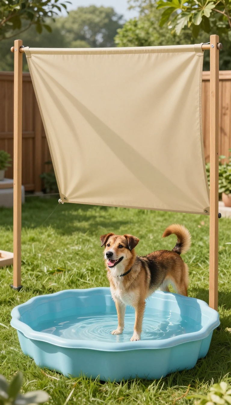 Shaded backyard dog run with a canvas shade sail overhead and a plastic kiddie pool for a dog to cool off in